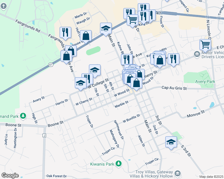 map of restaurants, bars, coffee shops, grocery stores, and more near 355 4th Street in Troy