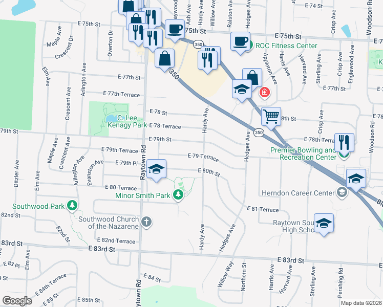 map of restaurants, bars, coffee shops, grocery stores, and more near 10124 East 79 Terrace in Raytown