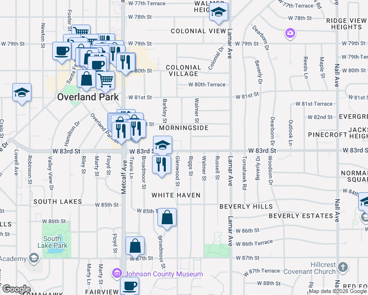 map of restaurants, bars, coffee shops, grocery stores, and more near 8234 Riggs Street in Overland Park