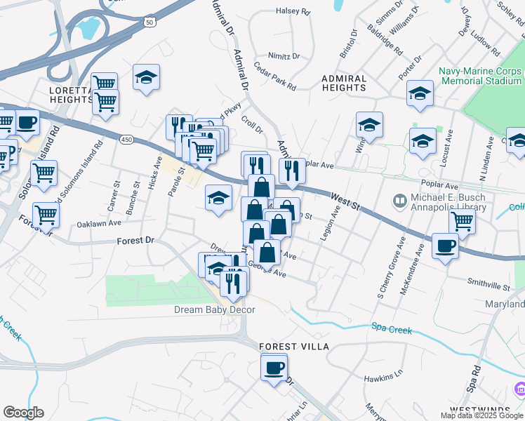 map of restaurants, bars, coffee shops, grocery stores, and more near 111 Chinquapin Round Road in Annapolis
