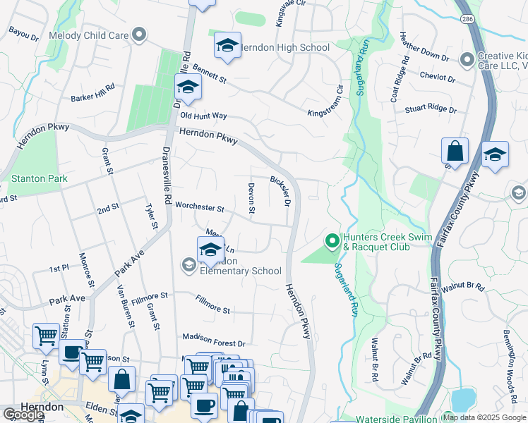 map of restaurants, bars, coffee shops, grocery stores, and more near 1101 Clarke Street in Herndon