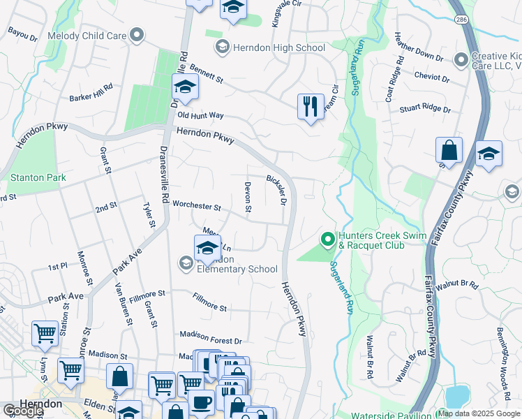 map of restaurants, bars, coffee shops, grocery stores, and more near 1101 Clarke Street in Herndon
