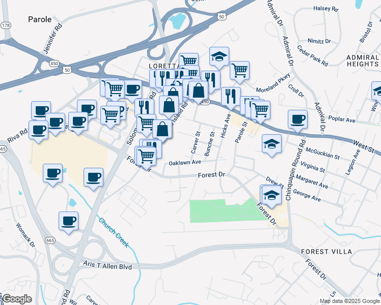 map of restaurants, bars, coffee shops, grocery stores, and more near 28 Carver Street in Annapolis