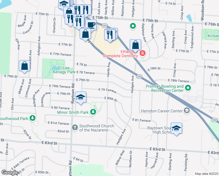 map of restaurants, bars, coffee shops, grocery stores, and more near 10400 East 79 Terrace in Raytown