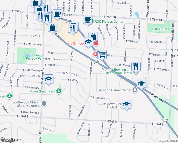 map of restaurants, bars, coffee shops, grocery stores, and more near 10612 East 79 Street in Raytown