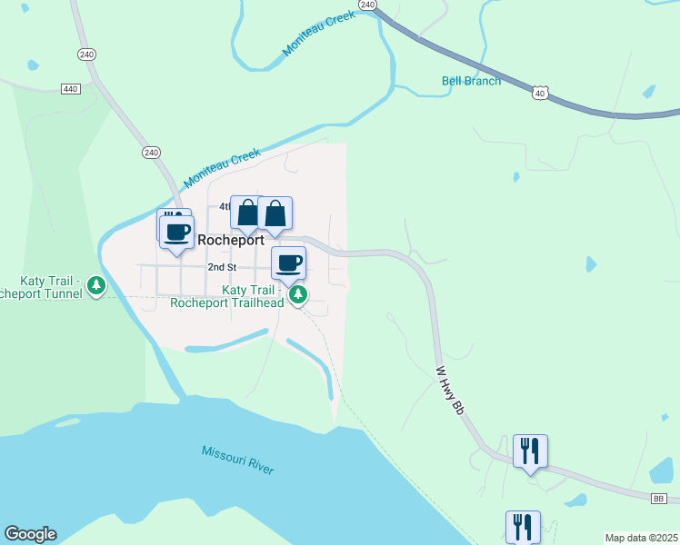 map of restaurants, bars, coffee shops, grocery stores, and more near 900 2nd Street in Rocheport