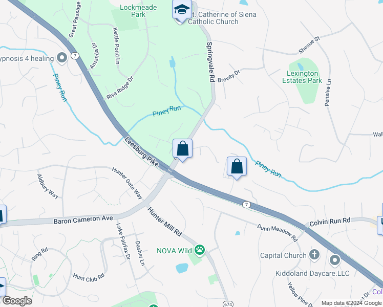 map of restaurants, bars, coffee shops, grocery stores, and more near 10613 Springvale Court in Great Falls