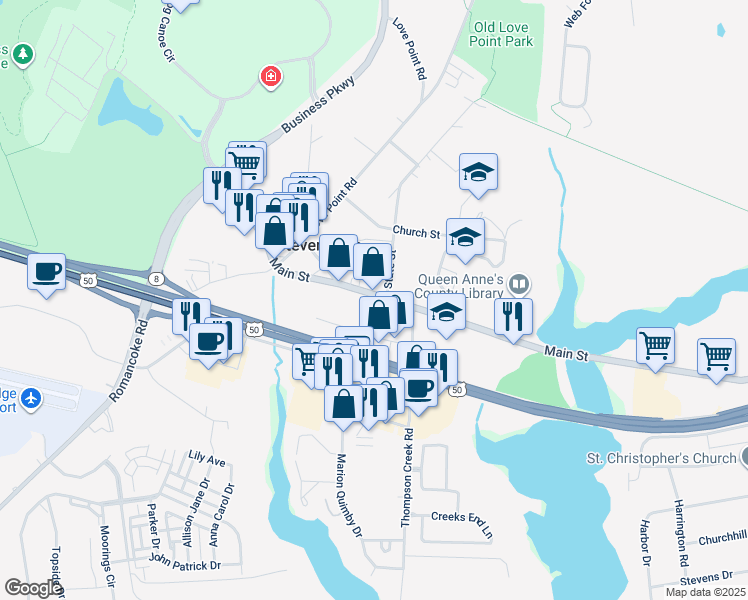 map of restaurants, bars, coffee shops, grocery stores, and more near 440 Main Street in Stevensville