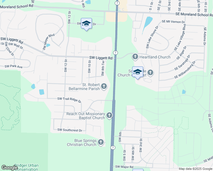 map of restaurants, bars, coffee shops, grocery stores, and more near 4101 Southeast 7th Court in Blue Springs