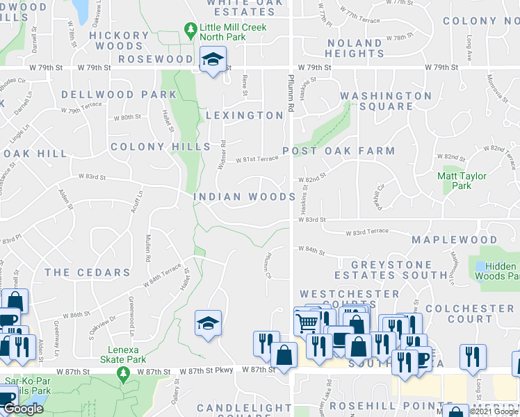 map of restaurants, bars, coffee shops, grocery stores, and more near 8237 Park Street in Lenexa