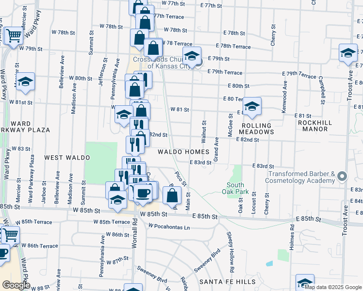 map of restaurants, bars, coffee shops, grocery stores, and more near in Kansas City