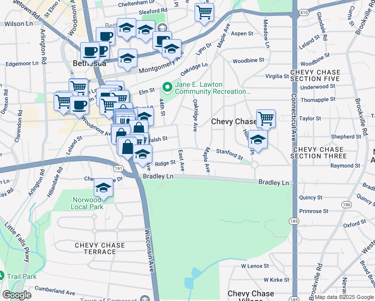 map of restaurants, bars, coffee shops, grocery stores, and more near 4312 Stanford Street in Chevy Chase