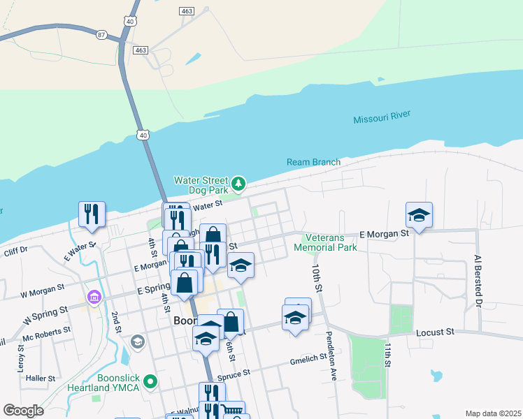 map of restaurants, bars, coffee shops, grocery stores, and more near 114-120 East Rear Water in Boonville