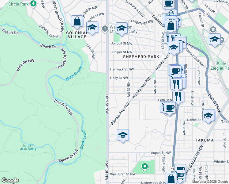 map of restaurants, bars, coffee shops, grocery stores, and more near 1447 Floral Street Northwest in Washington