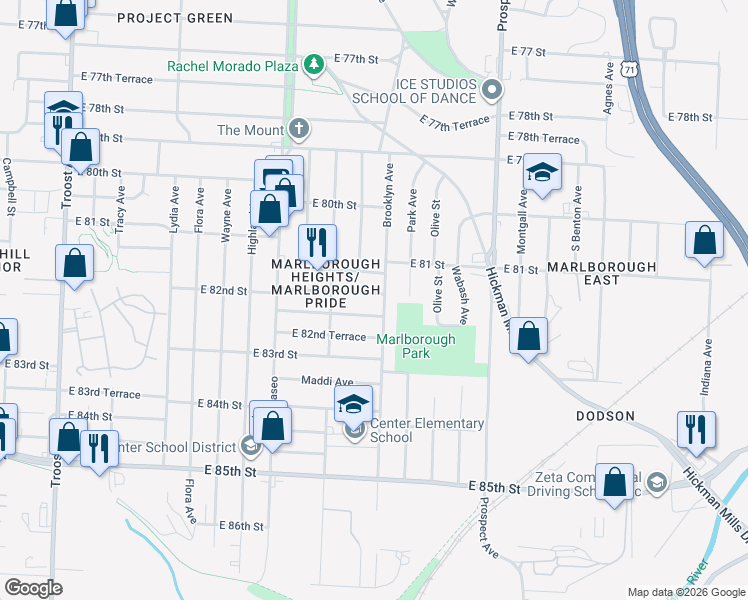 map of restaurants, bars, coffee shops, grocery stores, and more near 2121 East 81st Terrace in Kansas City