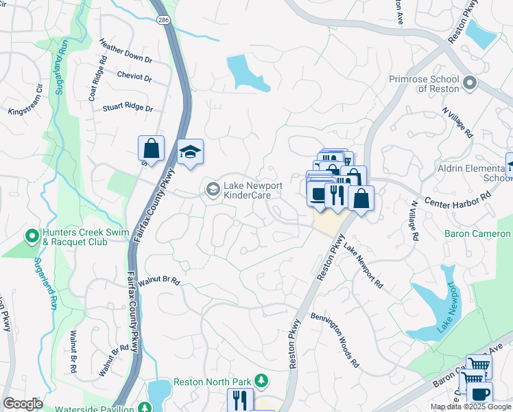 map of restaurants, bars, coffee shops, grocery stores, and more near 1543 Woodcrest Drive in Reston