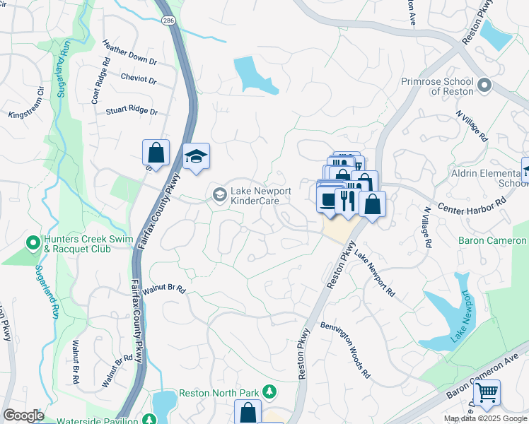 map of restaurants, bars, coffee shops, grocery stores, and more near 1543 Woodcrest Drive in Reston