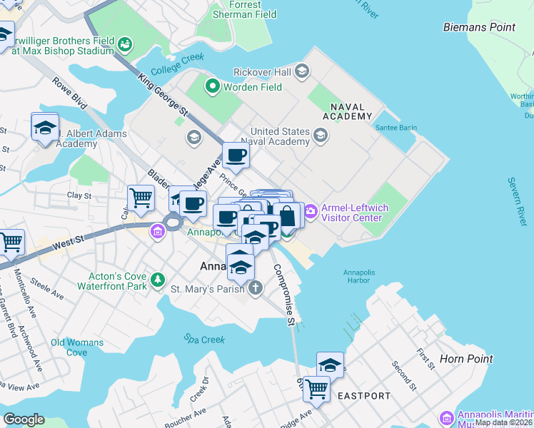 map of restaurants, bars, coffee shops, grocery stores, and more near 160 Prince George Street in Annapolis