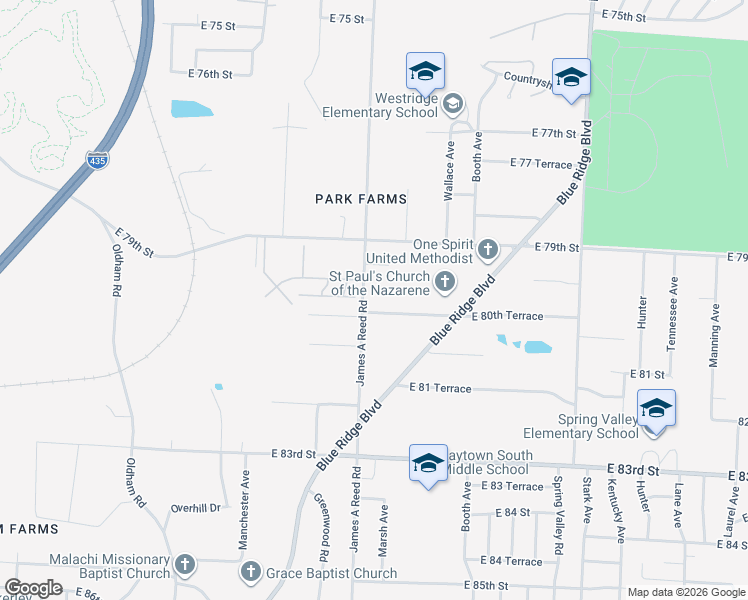 map of restaurants, bars, coffee shops, grocery stores, and more near 7923 James A Reed Road in Kansas City
