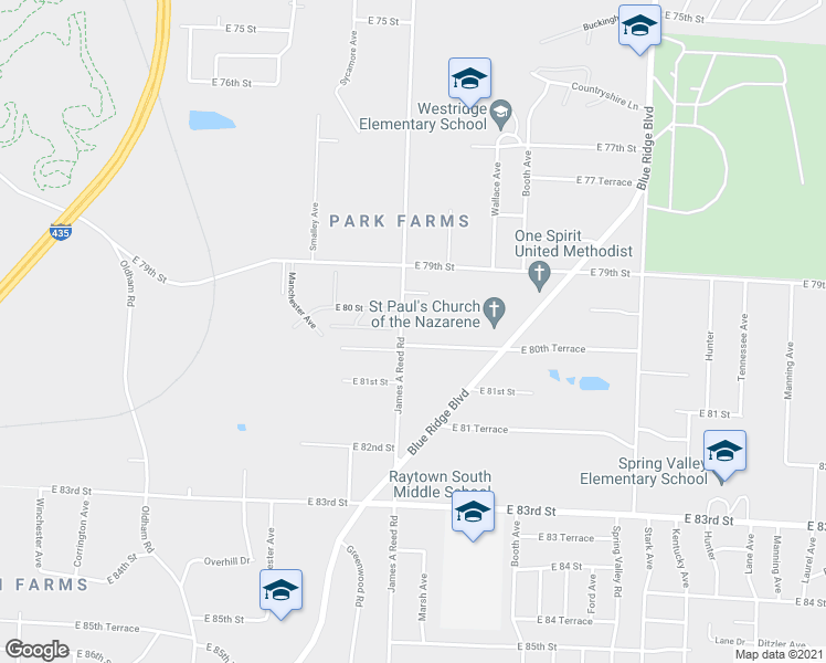 map of restaurants, bars, coffee shops, grocery stores, and more near 7923 James A Reed Rd in Kansas City