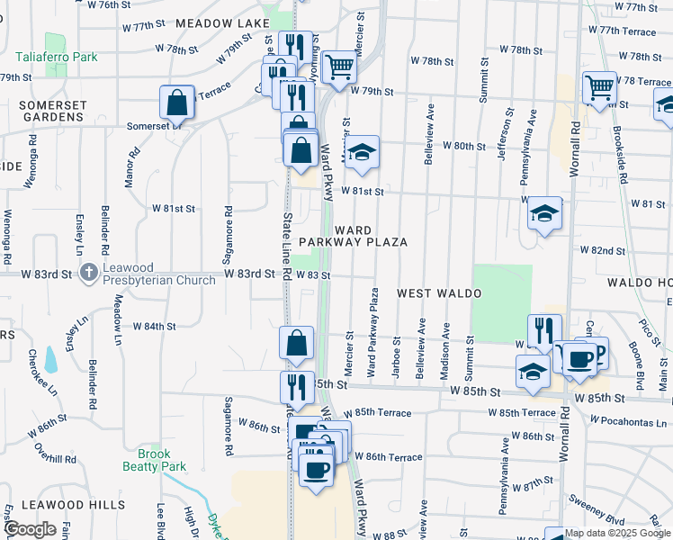 map of restaurants, bars, coffee shops, grocery stores, and more near 8249 Ward Parkway in Kansas City