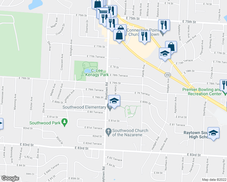map of restaurants, bars, coffee shops, grocery stores, and more near 7912 Cedar Avenue in Raytown