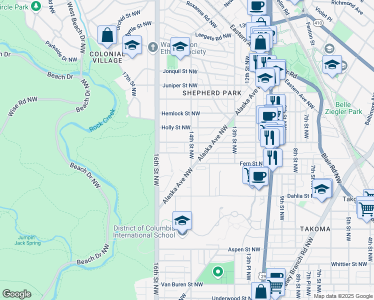 map of restaurants, bars, coffee shops, grocery stores, and more near 1401 Floral Street Northwest in Washington
