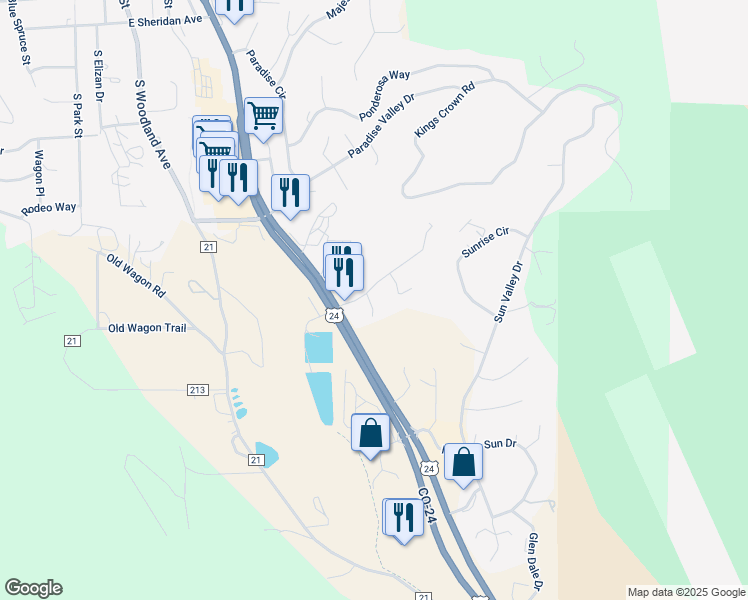 map of restaurants, bars, coffee shops, grocery stores, and more near 125 Elk Grove Lane in Woodland Park