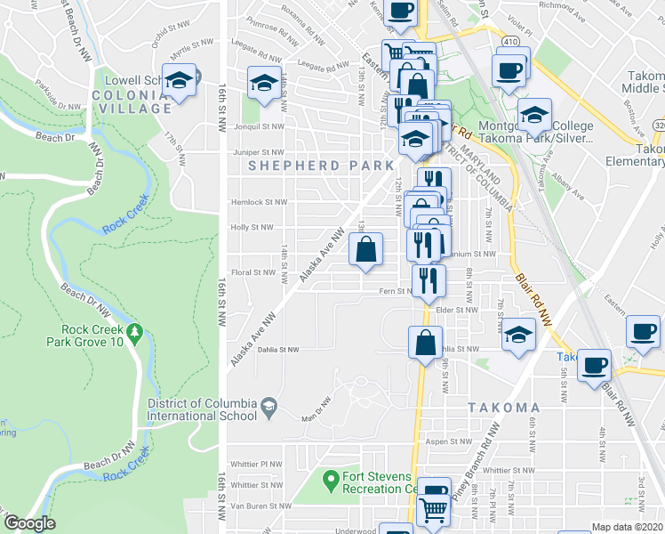 map of restaurants, bars, coffee shops, grocery stores, and more near 1311 Floral Street Northwest in Washington