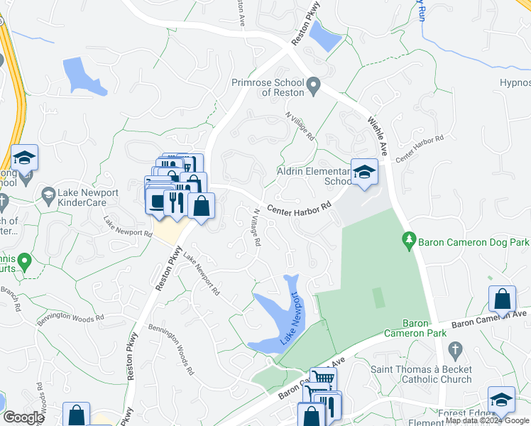 map of restaurants, bars, coffee shops, grocery stores, and more near 11578 Hemingway Drive in Reston