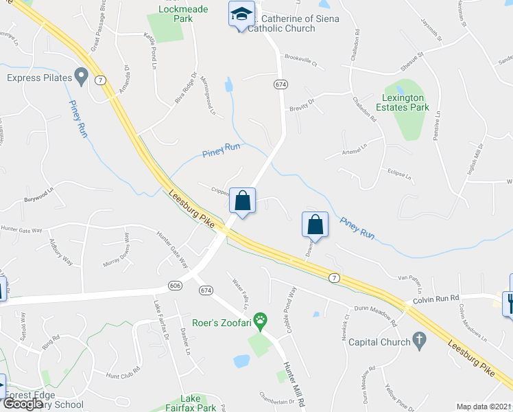 map of restaurants, bars, coffee shops, grocery stores, and more near 10613 Springvale Court in Great Falls