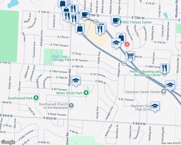 map of restaurants, bars, coffee shops, grocery stores, and more near 10124 East 79 Terrace in Raytown