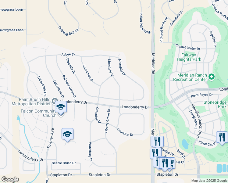 map of restaurants, bars, coffee shops, grocery stores, and more near 9935 Allendale Court in Peyton