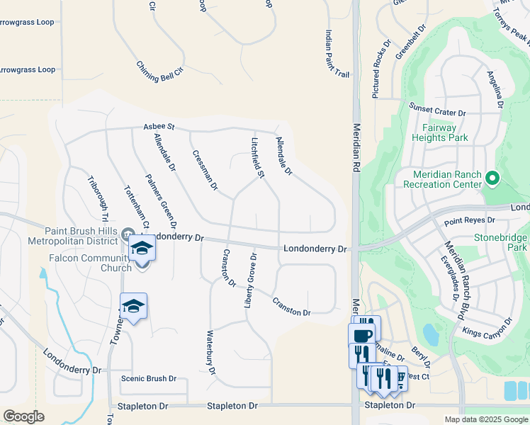 map of restaurants, bars, coffee shops, grocery stores, and more near 9935 Allendale Court in Peyton