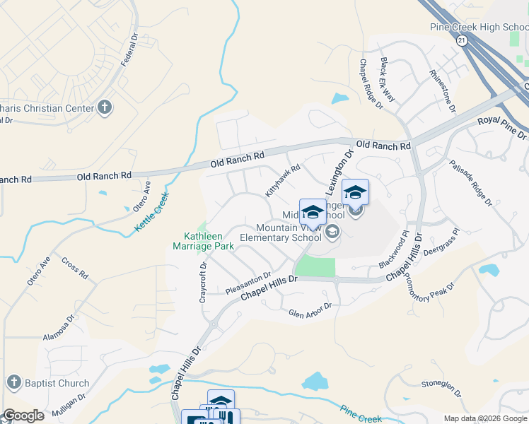 map of restaurants, bars, coffee shops, grocery stores, and more near 2625 Amberwood Lane in Colorado Springs