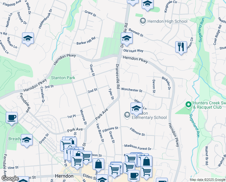 map of restaurants, bars, coffee shops, grocery stores, and more near 1012 Tyler Street in Herndon