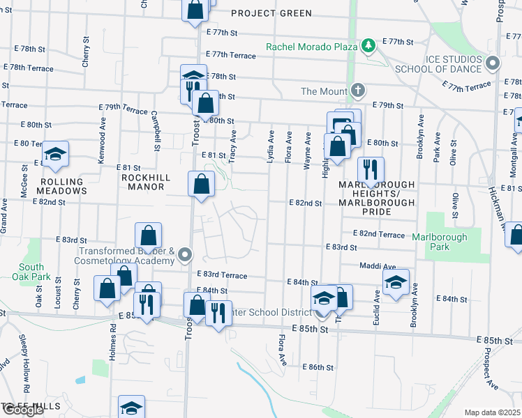 map of restaurants, bars, coffee shops, grocery stores, and more near 1316 East 82nd Terrace in Kansas City