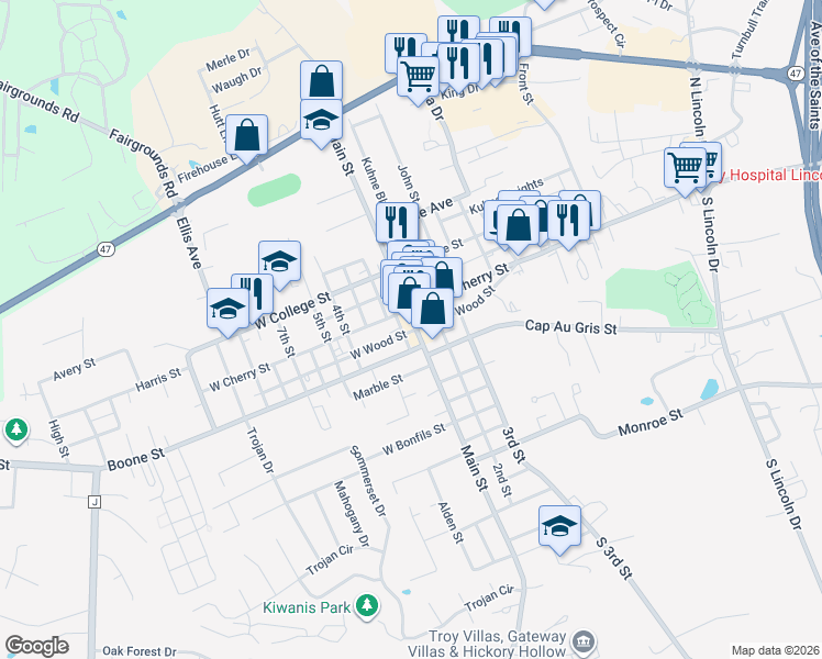 map of restaurants, bars, coffee shops, grocery stores, and more near 491 Main Street in Troy