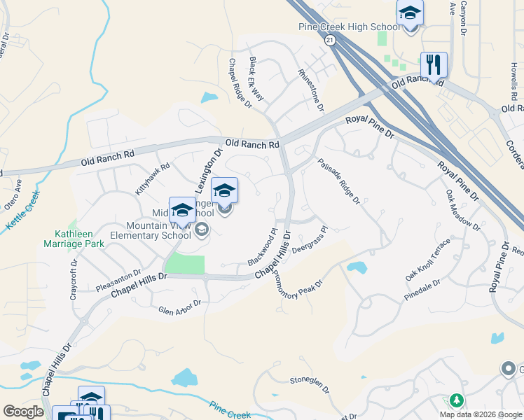 map of restaurants, bars, coffee shops, grocery stores, and more near 3214 Blackwood Place in Colorado Springs