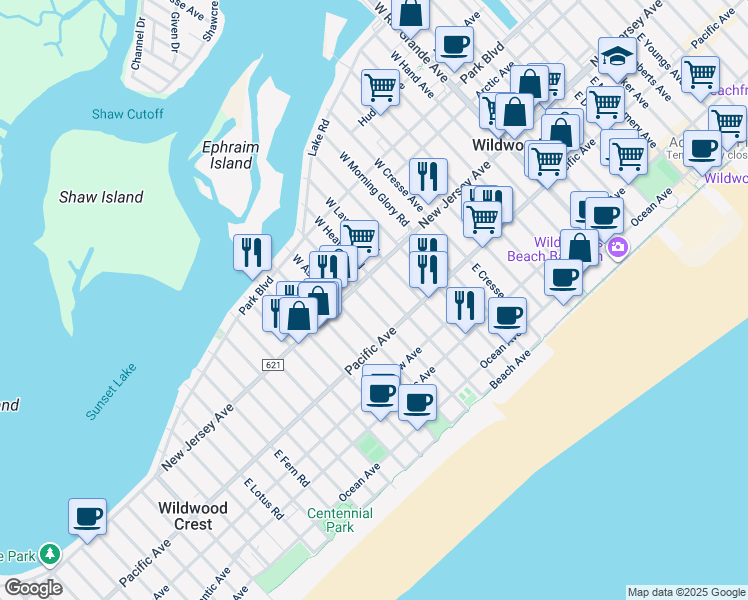 map of restaurants, bars, coffee shops, grocery stores, and more near 113 East Crocus Road in Wildwood Crest