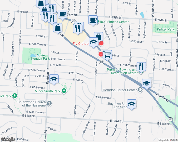 map of restaurants, bars, coffee shops, grocery stores, and more near 10509 East 79th Street in Raytown