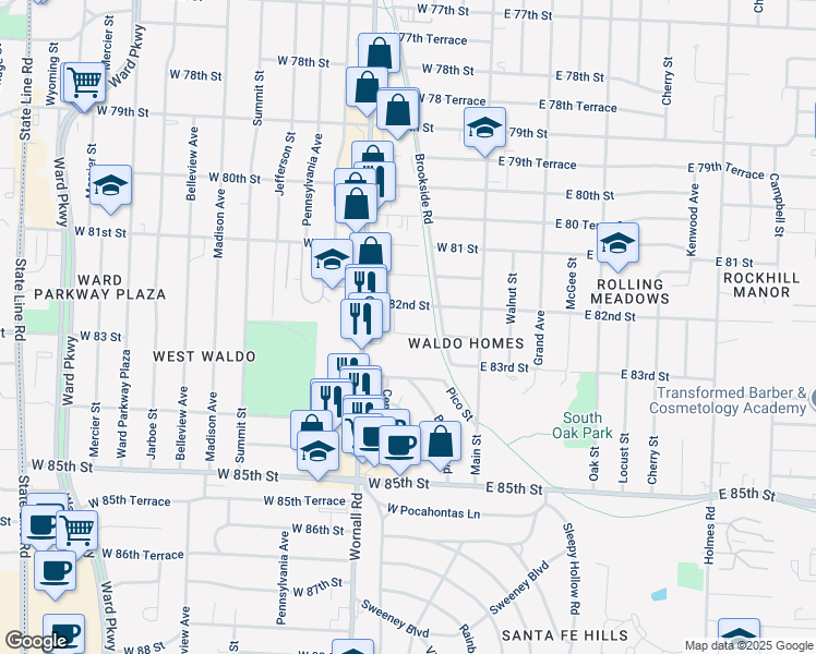 map of restaurants, bars, coffee shops, grocery stores, and more near 218 West 82 Terrace in Kansas City