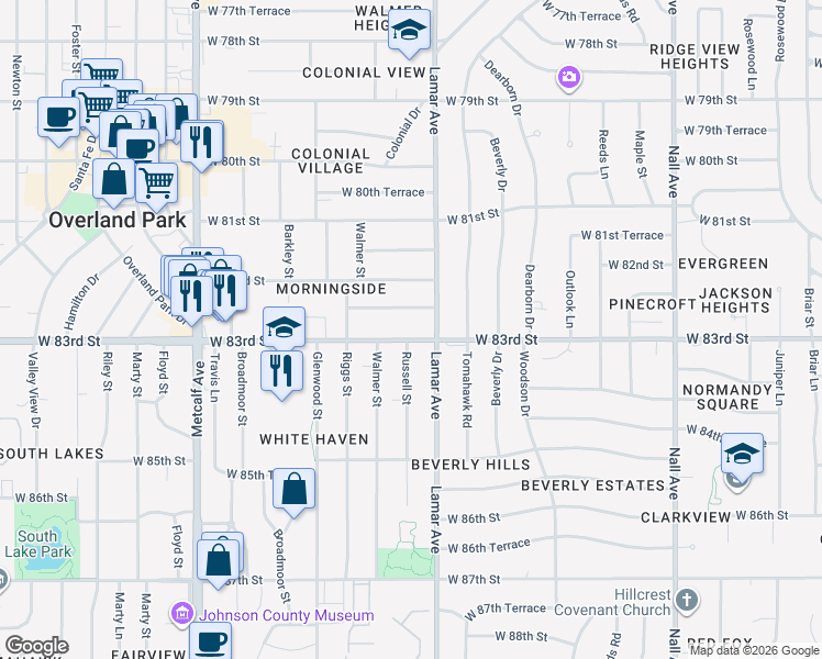 map of restaurants, bars, coffee shops, grocery stores, and more near 6314 West 83rd Street in Overland Park