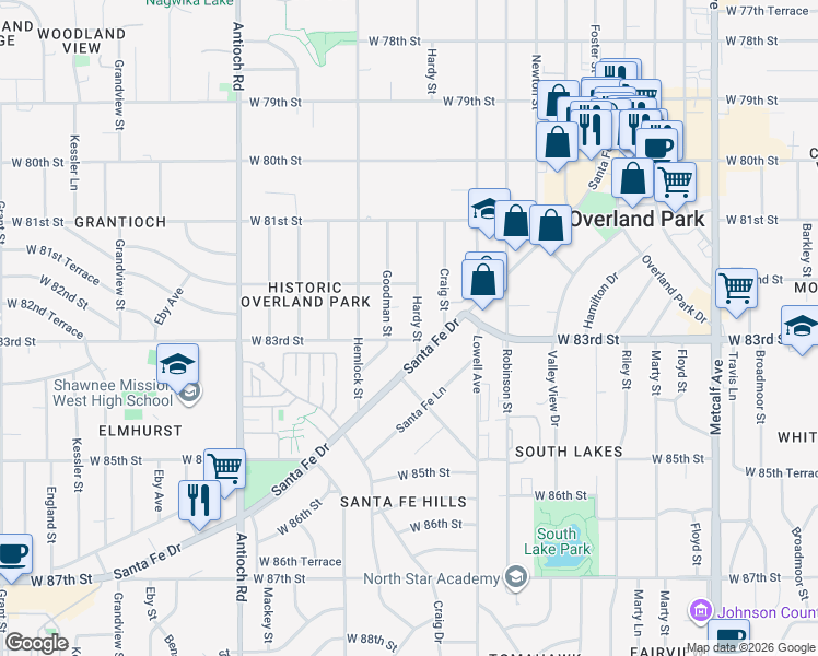 map of restaurants, bars, coffee shops, grocery stores, and more near 8233 Goodman Street in Overland Park