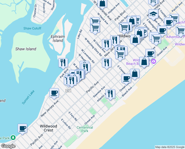 map of restaurants, bars, coffee shops, grocery stores, and more near 113 East Crocus Road in Wildwood Crest