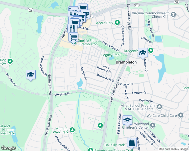 map of restaurants, bars, coffee shops, grocery stores, and more near 42475 Meridian Hill Drive in Ashburn
