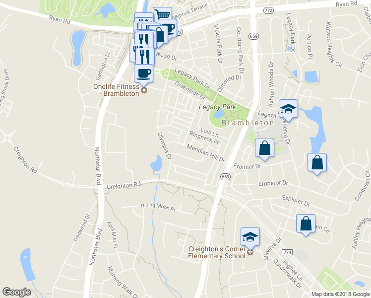 map of restaurants, bars, coffee shops, grocery stores, and more near 42475 Meridian Hill Dr in Ashburn