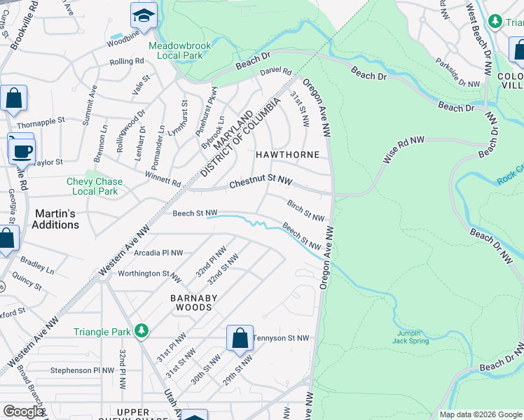 map of restaurants, bars, coffee shops, grocery stores, and more near 6801 32nd Street Northwest in Washington