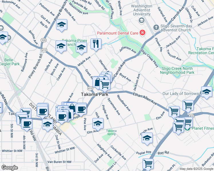 map of restaurants, bars, coffee shops, grocery stores, and more near 7334 Carroll Avenue in Takoma Park