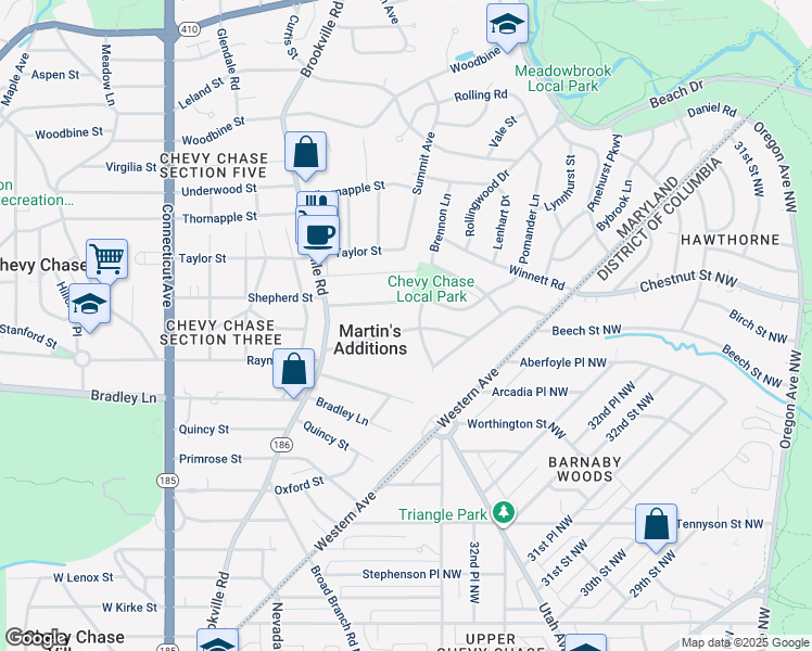 map of restaurants, bars, coffee shops, grocery stores, and more near 3417 Cummings Lane in Chevy Chase